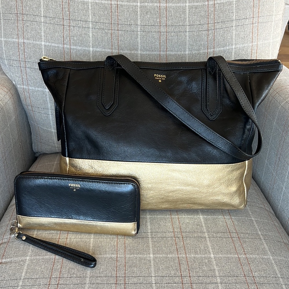 Fossil Black and Gold Sydney tote with matching wallet